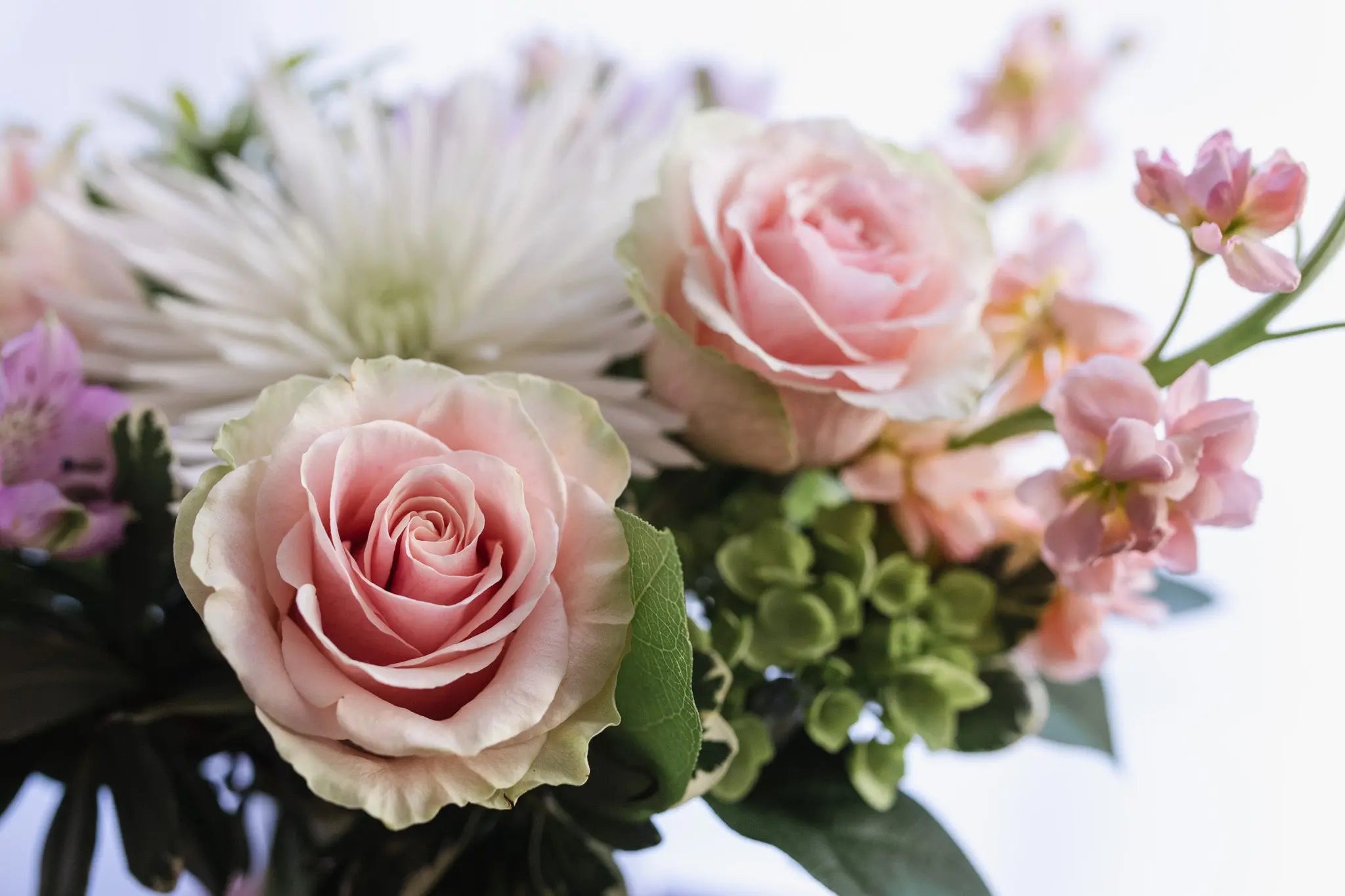 A floral arrangement featuring a pastel palette with pink roses, green foliage, and white flowers.