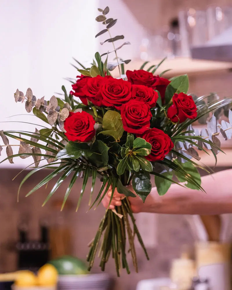 red roses, dozen roses, garden style, eucalyptus, garden greenery, valentines, 