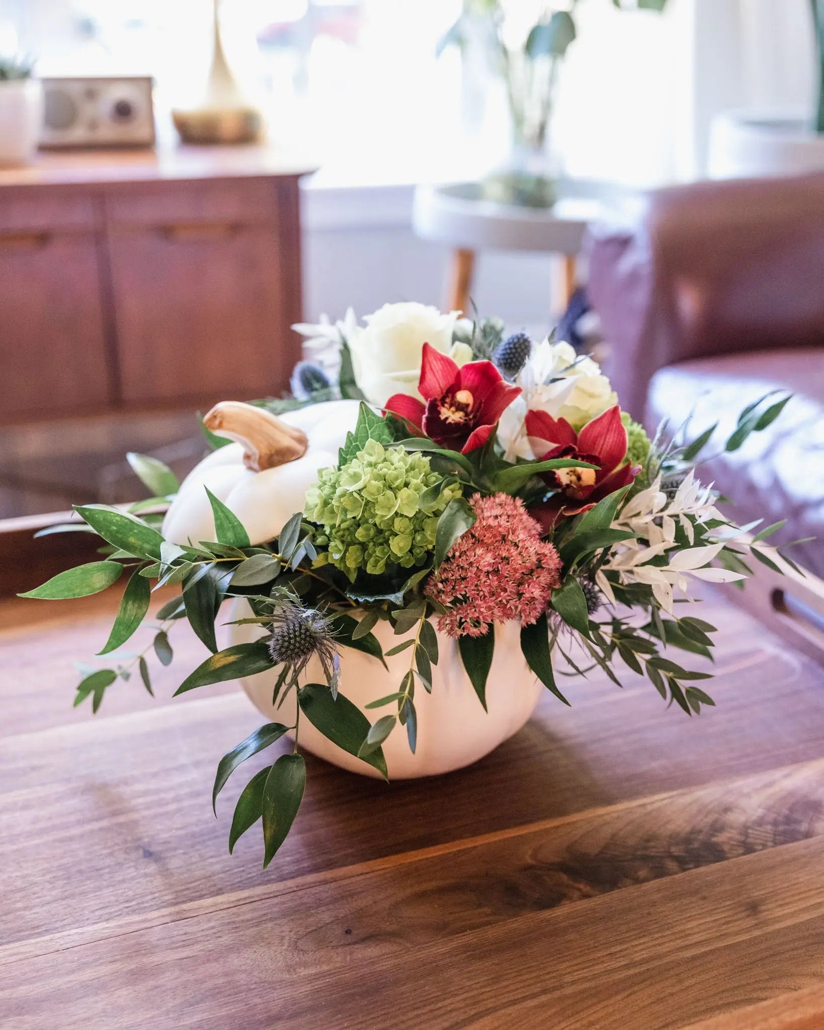 Fall White Pumpkin Arrangement Branching Out Florists