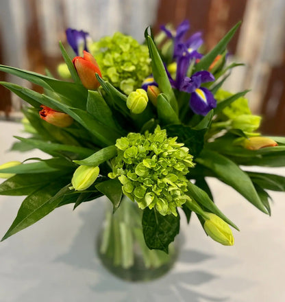 A floral arrangement featuring a mix of tulips, purple irises, and green hydrangea in a clear glass vase,