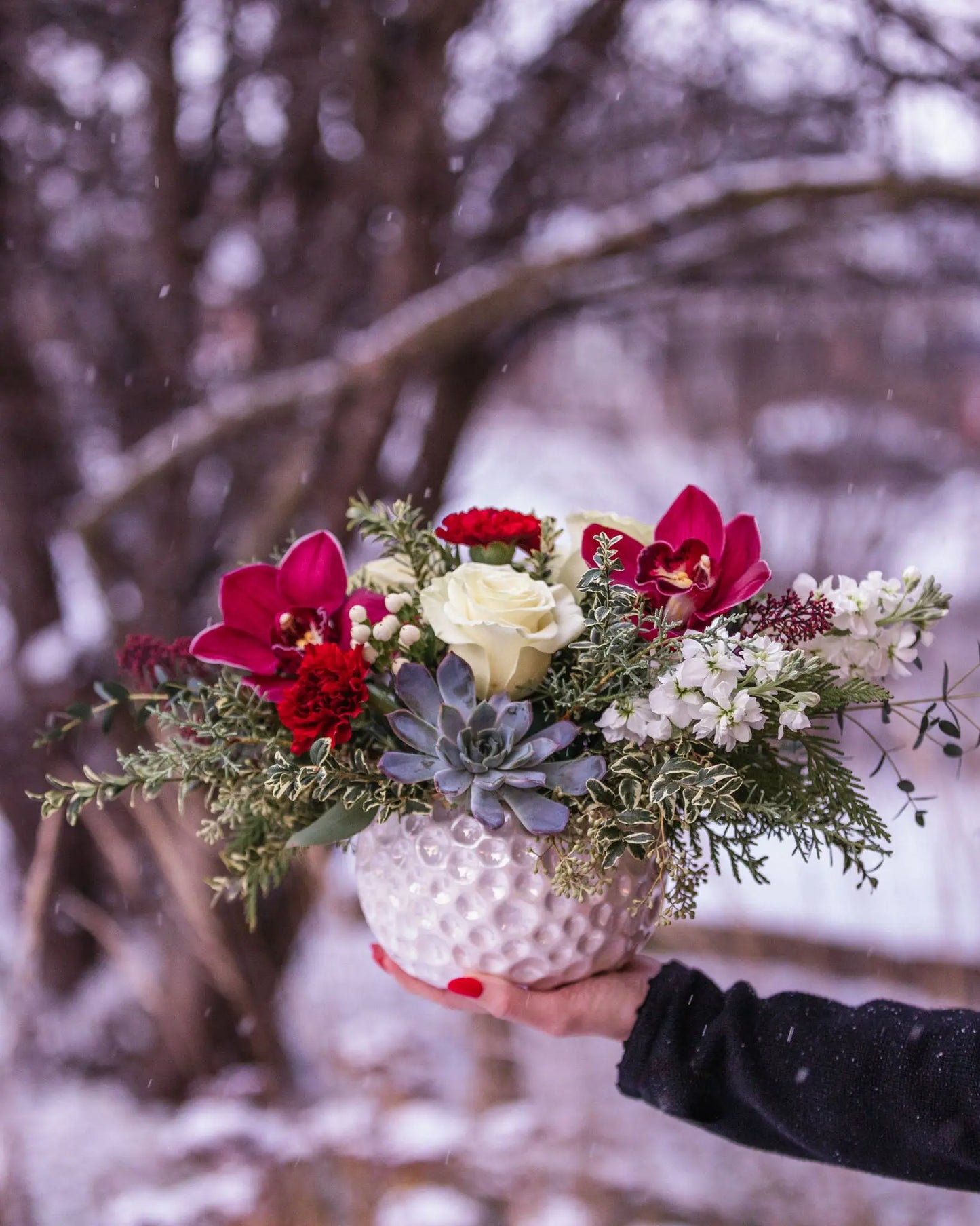 burgundy orchids, carnations, white roses, succulent, berries, evergreen arrangement